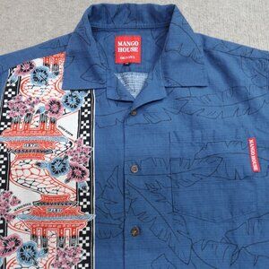 Mango House Okinawa Hawaiian Shirt Medium Blue Camp Collar Jacquard